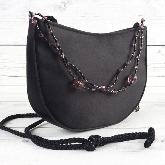 La Regale Handbags - La Regale Black Satin Mini Crossbody or Clutch Bag Beaded Tassels Button Closure